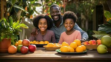 smiling family sitting outdoors holding fruit at table photo