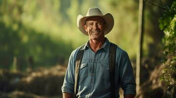 sonriente granjero en pie en rural bosque ambiente foto