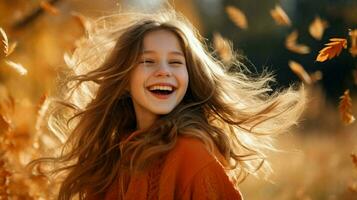 smiling girl enjoys nature radiating happiness and beauty photo