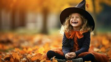 smiling girl in cute witch costume enjoys autumn outdoors photo
