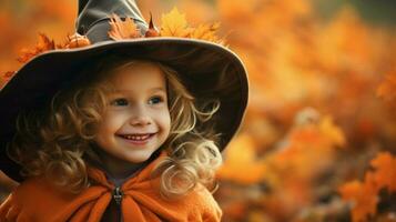 sonriente niña en linda bruja disfraz disfruta otoño al aire libre foto