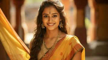 smiling indian girl in traditional sari outdoors photo