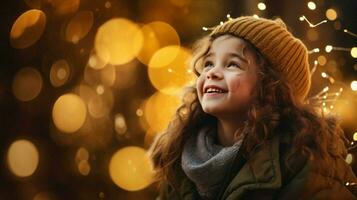 smiling girl illuminated by christmas lights enjoying photo