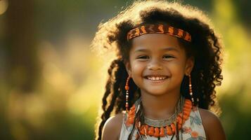 sonriente indígena niño vistiendo tradicional collar fuera foto