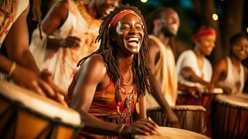 sonriente músicos jugar percusión a un cultural festival foto