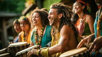 smiling musicians play percussion at a cultural festival photo
