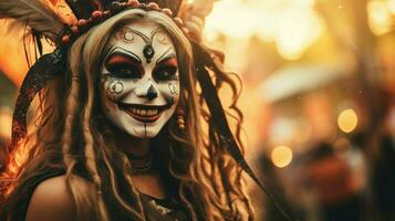 sonriente mujer en tradicional disfraz celebra Víspera de Todos los Santos foto