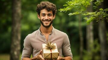 smiling young adult holding gift box outdoors photo