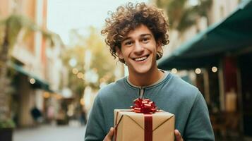 smiling young adult holding gift box outdoors photo