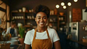 sonriente joven africano mujer confidente trabajando adentro foto