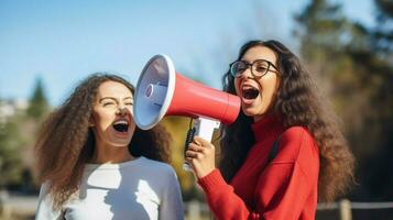 smiling young women holding megaphone talking outdoors photo