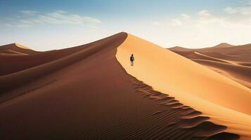 solitude in arid climate man walking sand dune photo