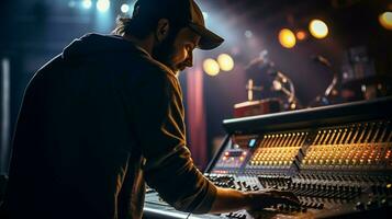 sound engineer adjusting mixer knobs in nightclub photo