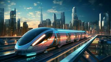 speeding train illuminates futuristic city skyline photo