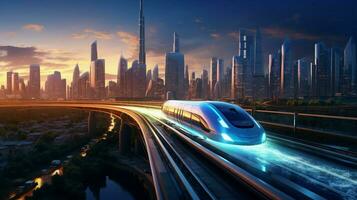 speeding train illuminates futuristic city skyline photo