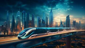 exceso de velocidad tren ilumina futurista ciudad horizonte foto