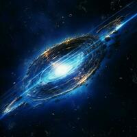 spaceship orbits dark galaxy glowing blue comet photo