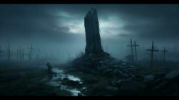 escalofriante antiguo ruina un oscuro lápida sepulcral en el brumoso paisaje foto
