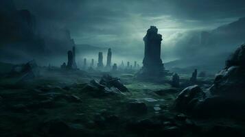 spooky ancient ruin a dark tombstone in the misty landscape photo