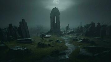 spooky ancient ruin a dark tombstone in the misty landscape photo