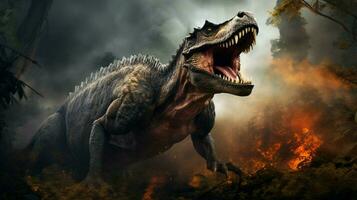 spooky dinosaur roaring in prehistoric era photo