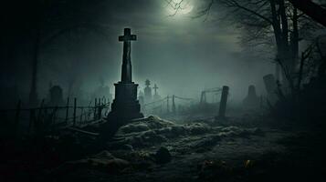 spooky fog surrounds a dark tombstone evoking halloween photo
