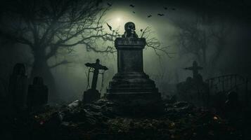 spooky fog surrounds a dark tombstone evoking halloween photo