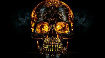 spooky halloween decoration glowing skull symbol on black photo
