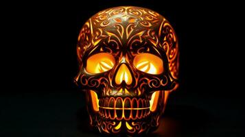 spooky halloween decoration glowing skull symbol on black photo