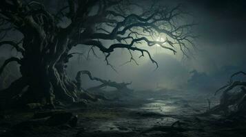 escalofriante noche oscuro horror brumoso antiguo árbol mal temor fantasía foto