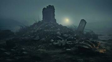 spooky old ruin mystery of ancient tombstone in foggy land photo