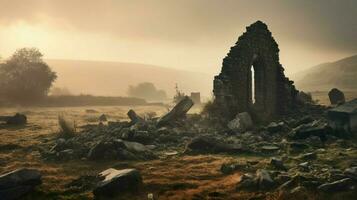 spooky old ruin mystery of ancient tombstone in foggy land photo