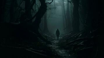 spooky one person walking in dark forest photo