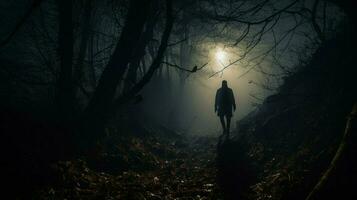 spooky silhouette walks through foggy forest trail photo