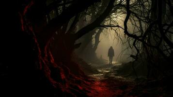 spooky silhouette walks through foggy forest trail photo