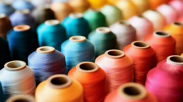 spools of multi colored thread on textile material photo