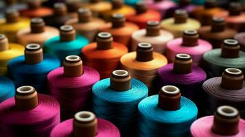 spools of multi colored thread on textile material photo