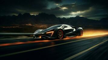 sports car driving on asphalt road at night photo