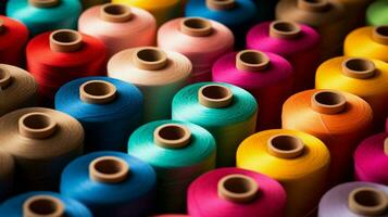 spools of multi colored thread on textile material photo