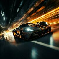 sports car races through dark blurred motion photo