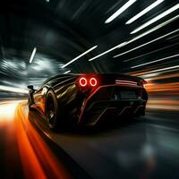 sports car races through dark blurred motion photo