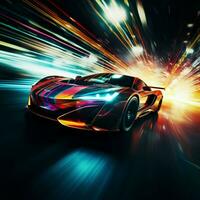 sports car races through dark blurred motion photo