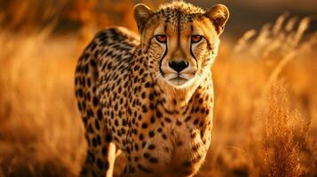 spotted cheetah majestic hunter staring in savannah photo