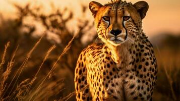 spotted cheetah majestic hunter staring in savannah photo