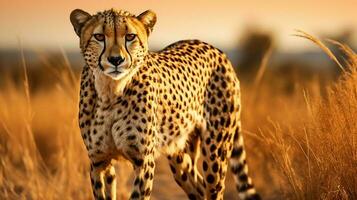 spotted cheetah majestic hunter staring in savannah photo