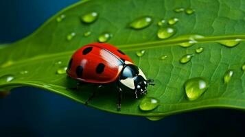 spotted ladybug crawls on fresh green leaf photo