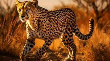 spotted cheetah walking majestically in african savannah photo