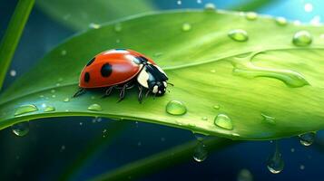 spotted ladybug crawls on fresh green leaf photo