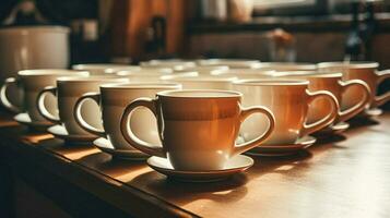 stack of coffee cups in a row on table no people photo