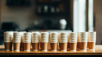 stack of coffee cups in a row on table no people photo